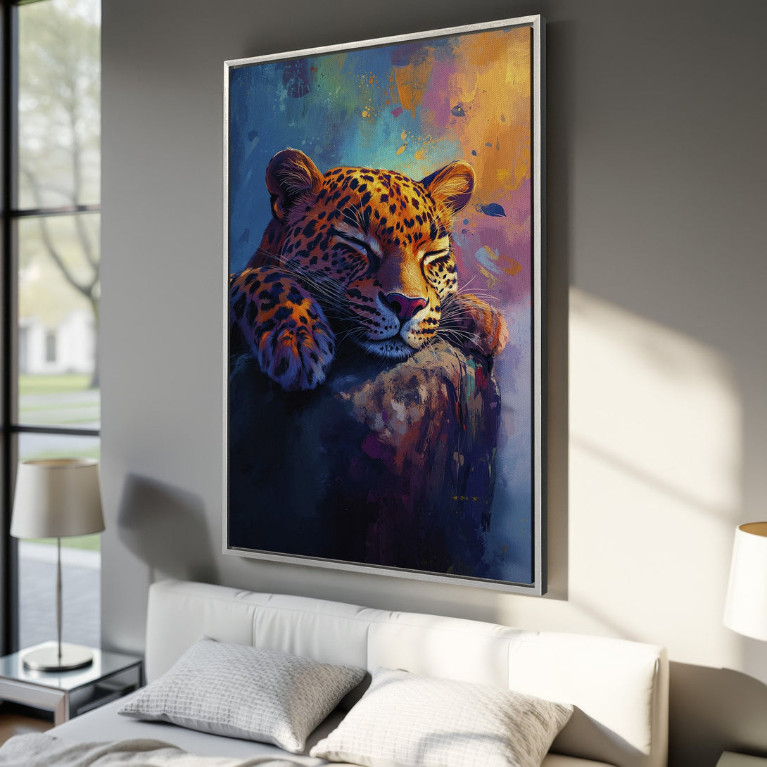 Framed Wall Art: Majestic leopard portrait in vibrant colors. Abstract style canvas print with a warm, colorful palette. Perfect for modern home decor.