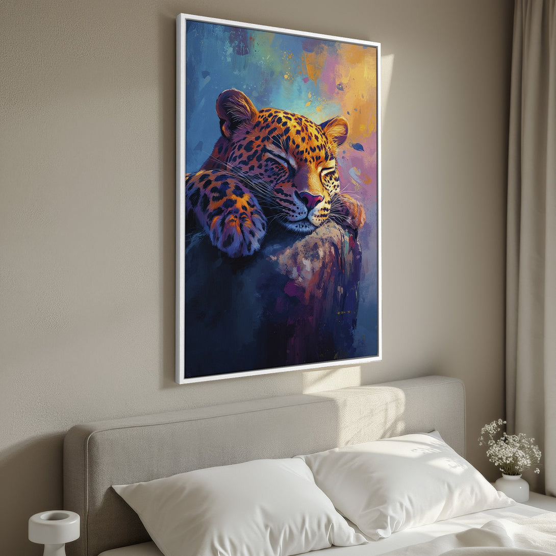 Framed Wall Art: Majestic leopard canvas print in vibrant, painterly style. Features warm orange, blue, and purple hues. Perfect for adding art to your bedroom.