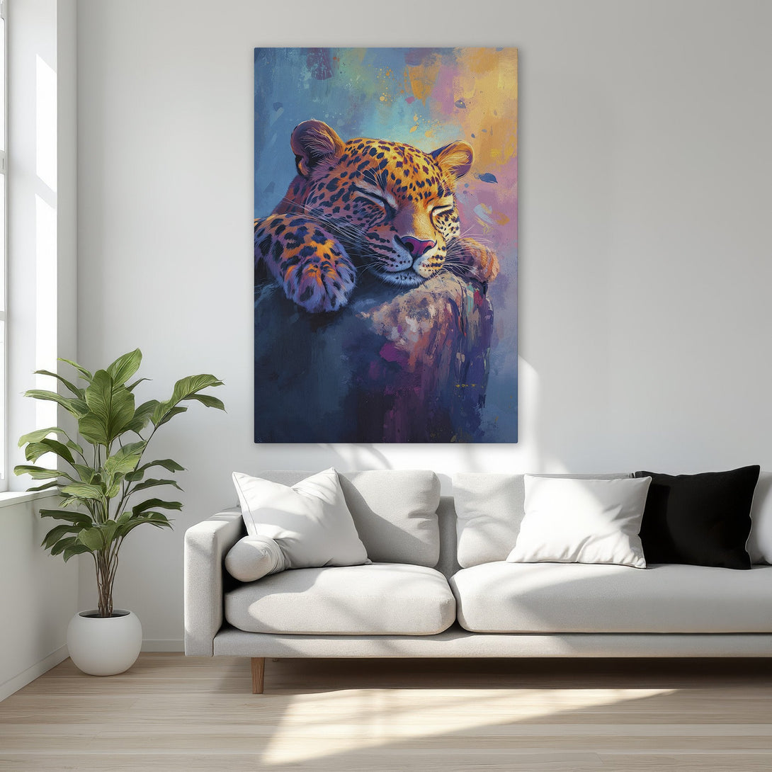 Framed Wall Art: Stunning leopard portrait canvas print with vibrant, colorful palette. Perfect for adding a touch of luxury to your home decor.