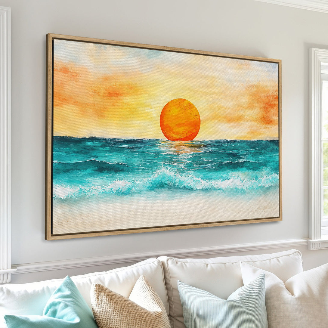 Framed Wall Art of a sunset over the ocean. Watercolor style with orange, turquoise, and white hues. Perfect coastal decor for your home!