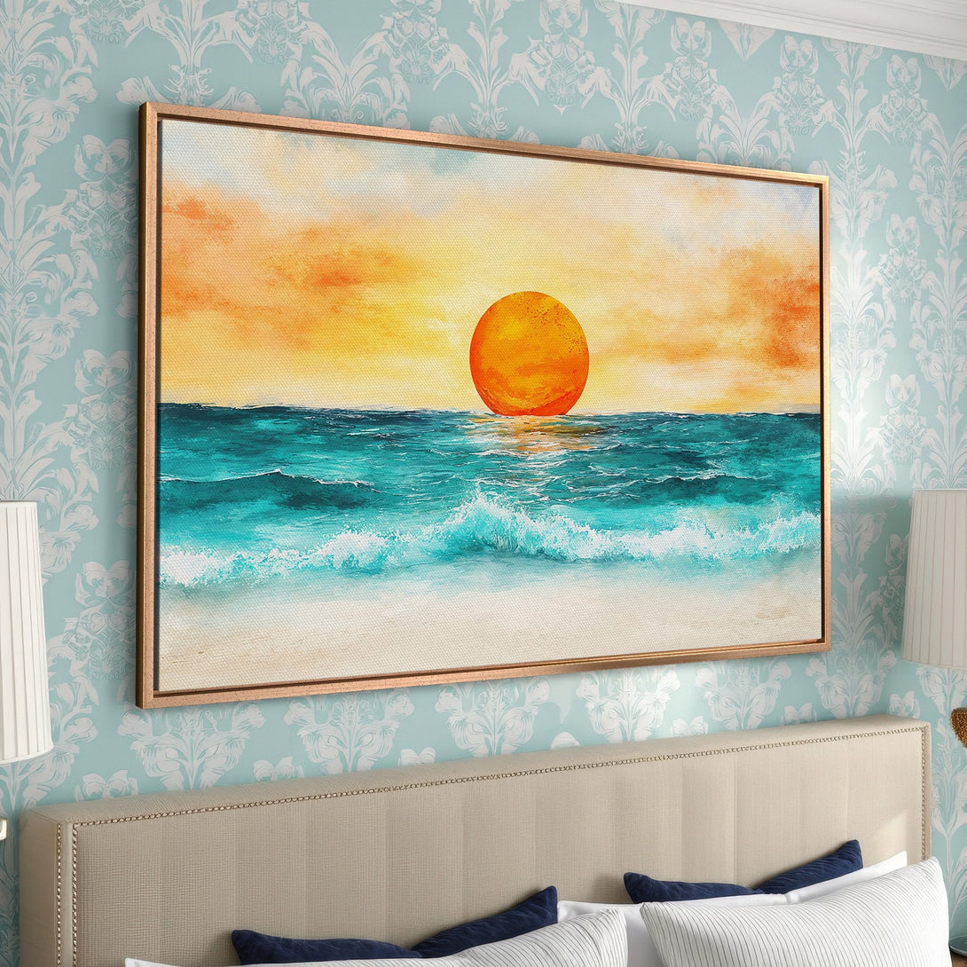 Framed Wall Art: Stunning sunset over ocean canvas print. Coastal art in vibrant orange, teal, and white. Perfect for bedroom decor.