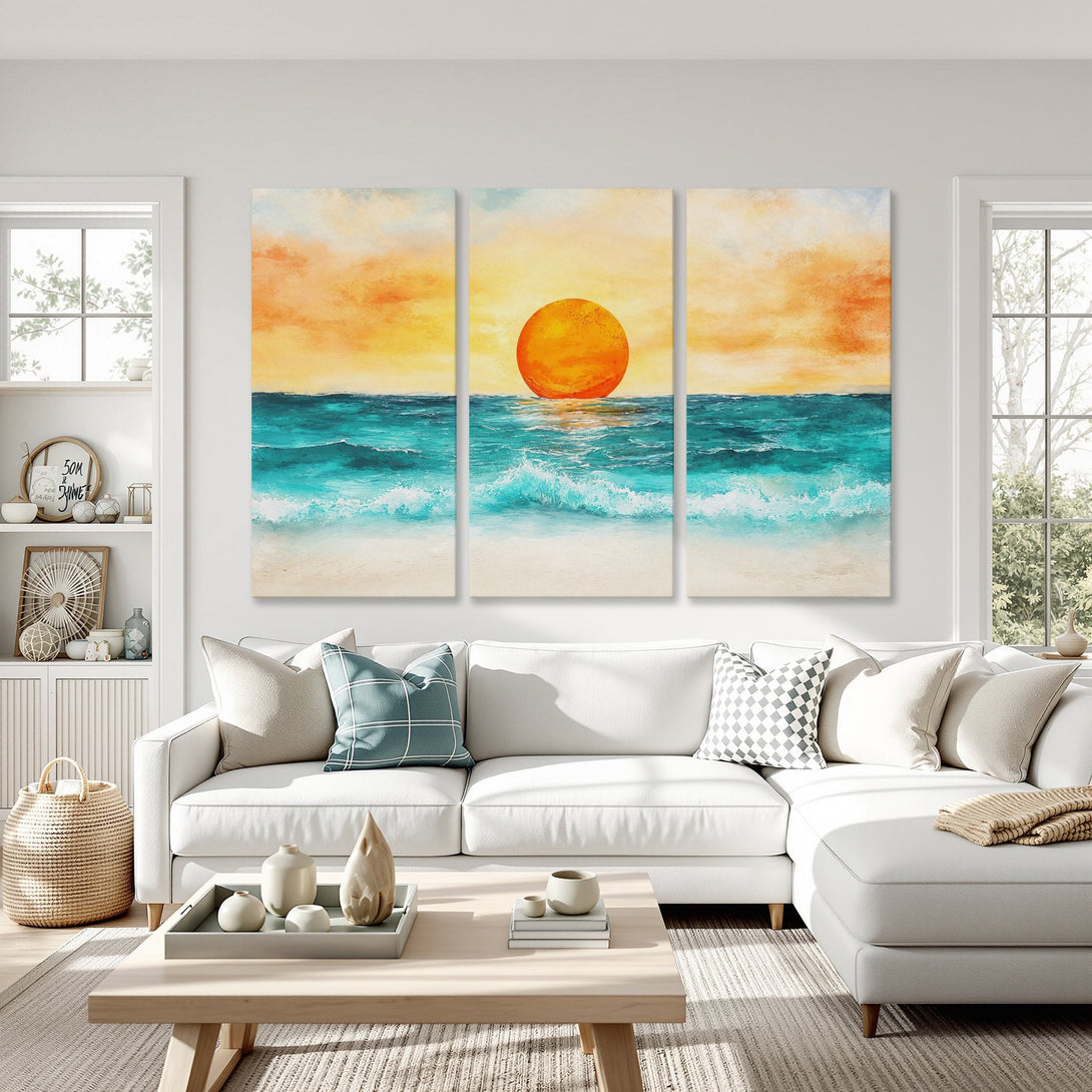 Canvas Print of a sunset over the ocean. Coastal art with vibrant orange, turquoise, and yellow hues. Perfect for adding a touch of serenity to your home.