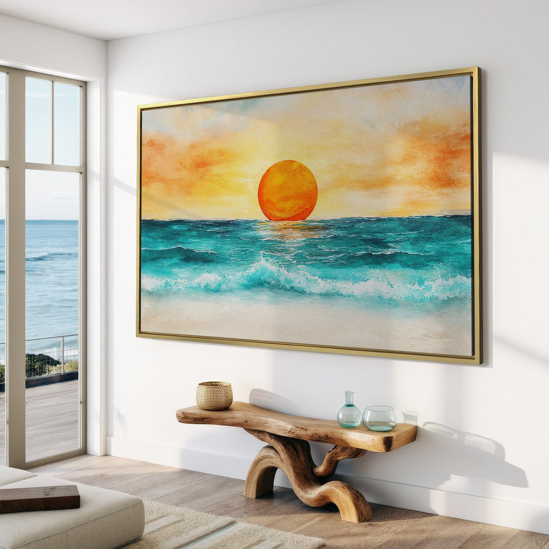 Canvas Print of a sunset over the ocean. Coastal art in warm orange, blue, and white hues. Perfect for adding a calming touch to any space.