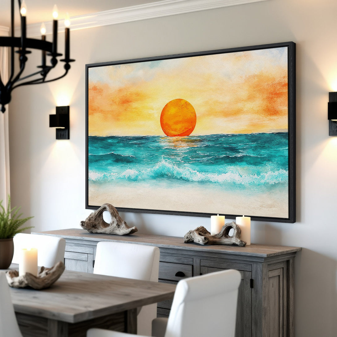 Framed Wall Art: Coastal sunset painting in vibrant teal, orange, and yellow hues. Enhance your space with this stunning canvas print!