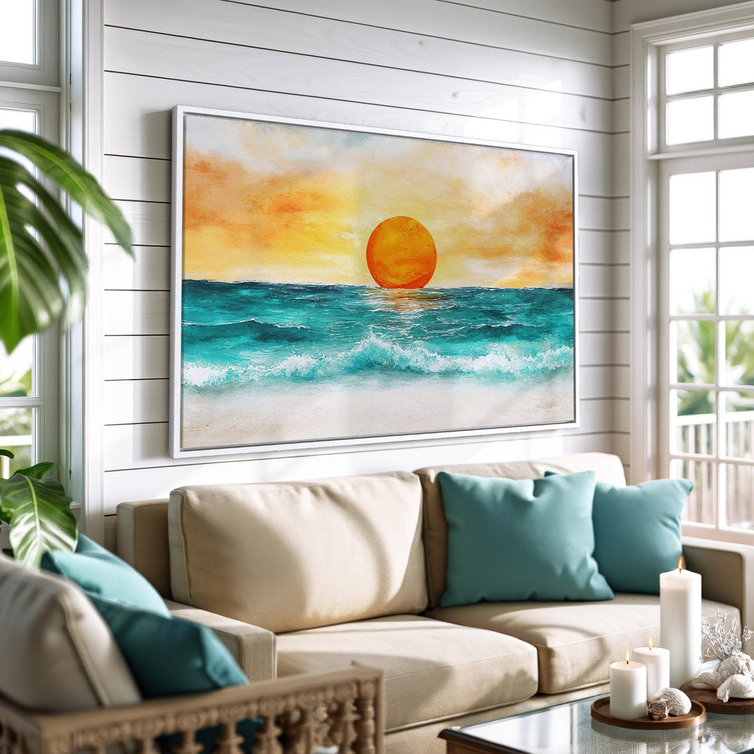 Framed Wall Art: Coastal sunset painting with vibrant orange, teal, and white hues. Perfect for adding a touch of serenity to your living room decor.