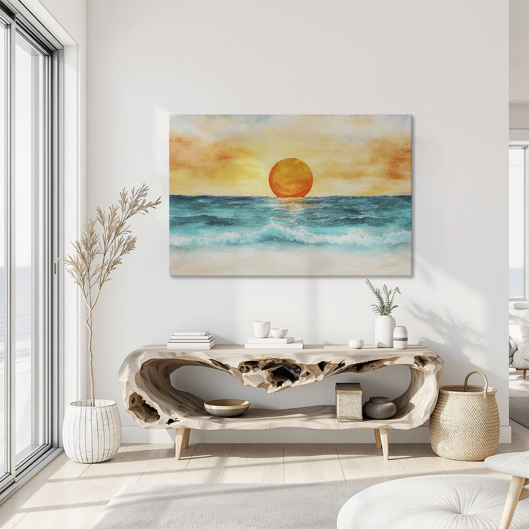 Framed Wall Art featuring a vibrant sunset over the ocean. Coastal-inspired artwork with teal, orange, and gold hues. Perfect for adding a touch of serenity.