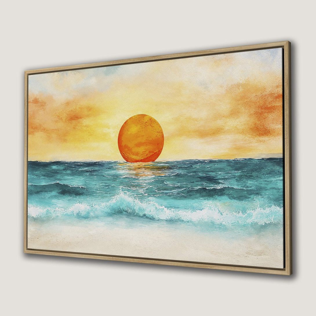 Canvas Print of a sunset beach scene. Coastal art with warm orange and turquoise hues. Perfect wall decor for a relaxing vibe.