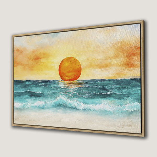 Canvas Print of a sunset beach scene. Coastal art with warm orange and turquoise hues. Perfect wall decor for a relaxing vibe.