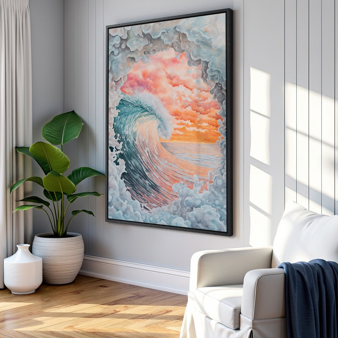 Framed Wall Art: Watercolor wave art with a vibrant orange and blue color palette. Coastal decor perfect for adding a calming touch to any room.