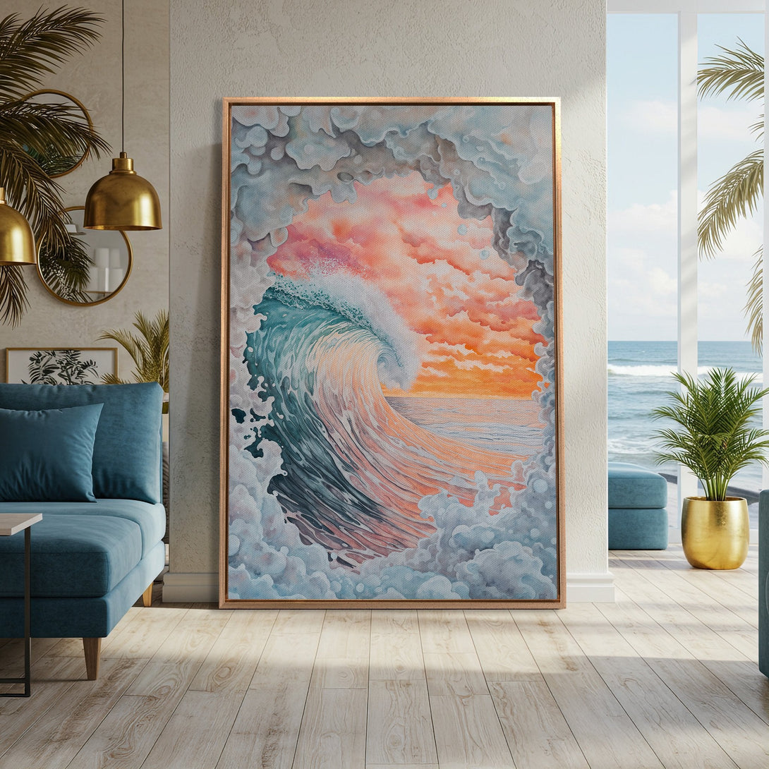 Framed Wall Art: Watercolor wave art in a coastal interior. Featuring a vibrant sunset color palette with blues, oranges, & pinks, this canvas print adds a serene touch.