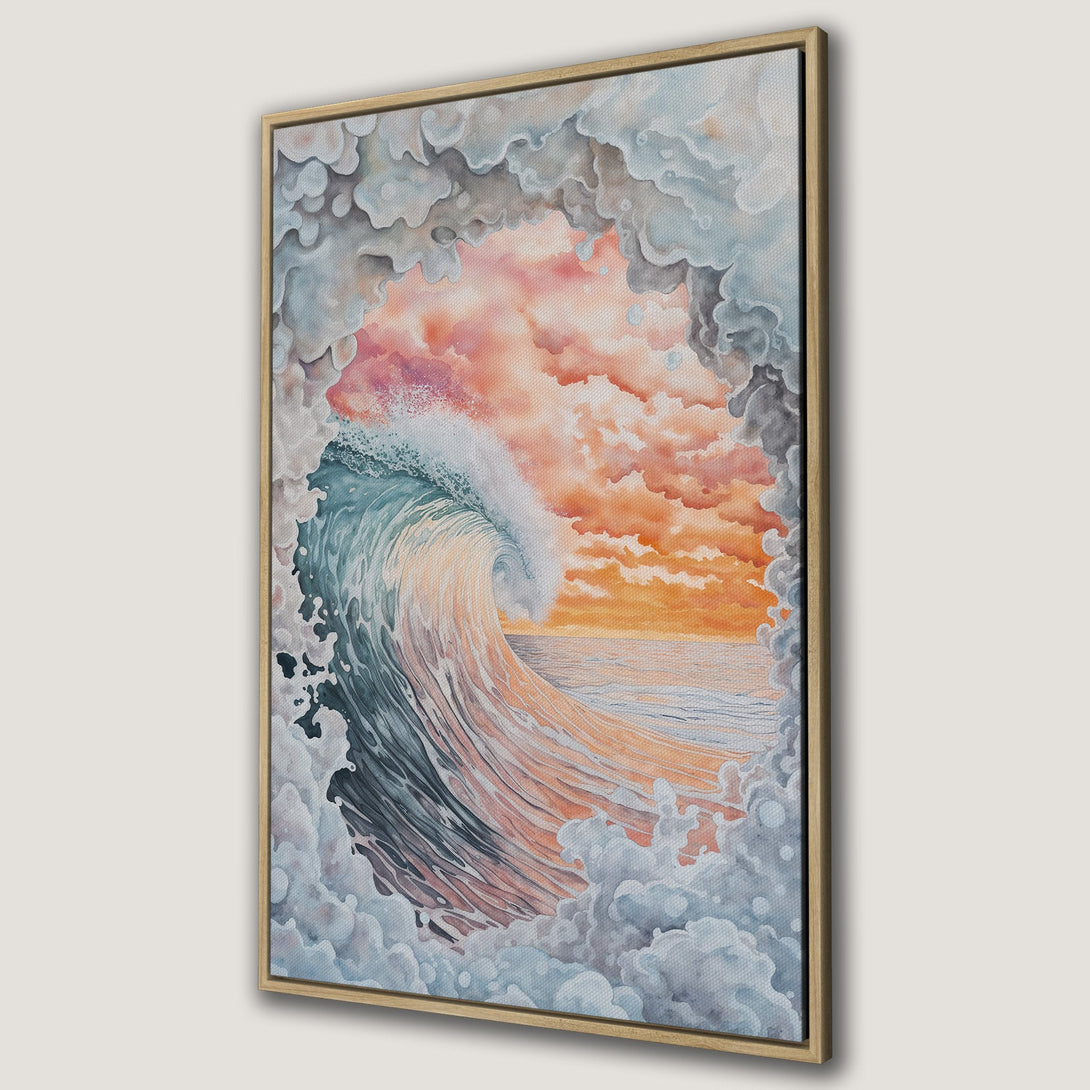 Framed Wall Art: Watercolor wave art in warm sunset colors. Coastal decor Canvas Print, perfect for adding a calming touch to any space.