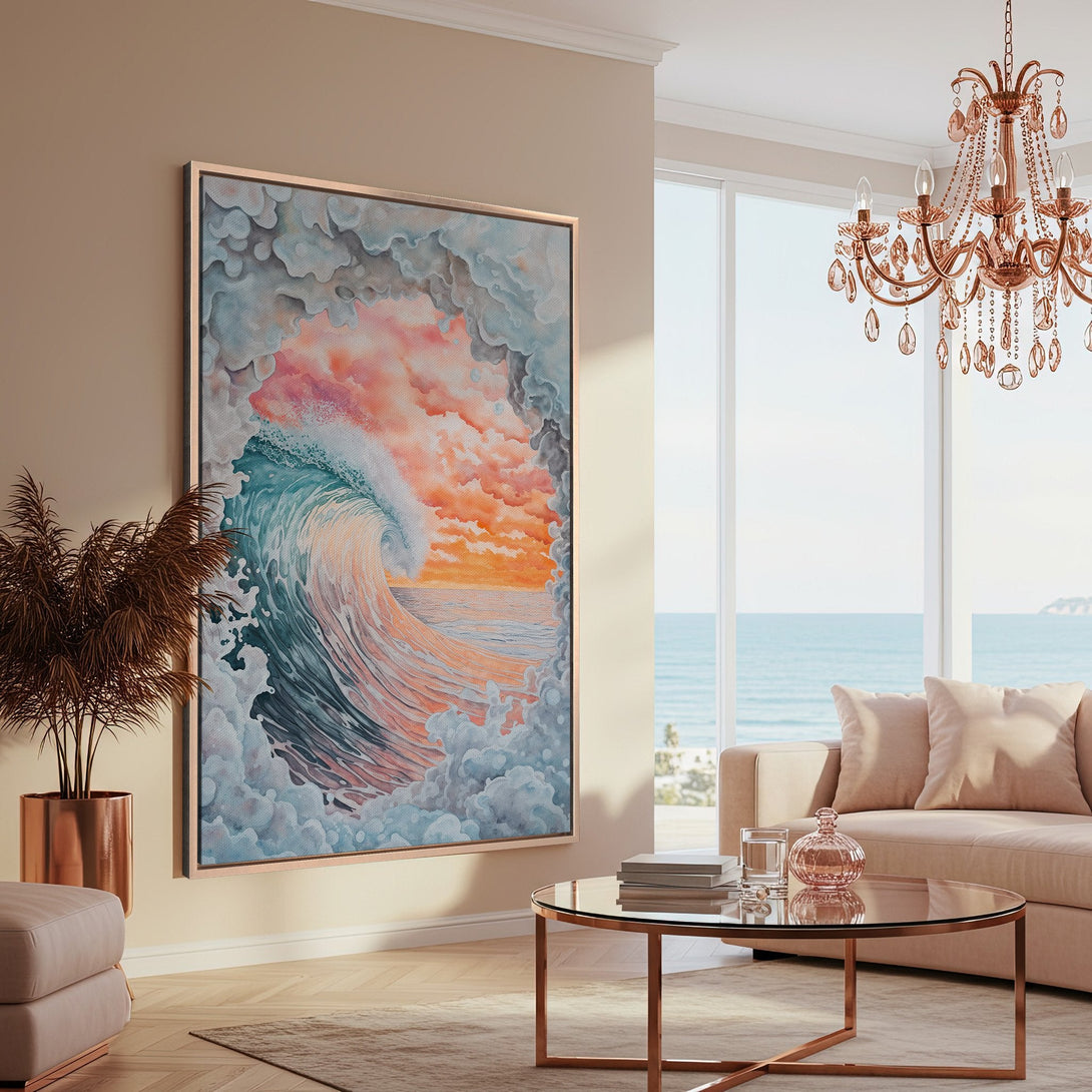 Framed Wall Art: Serene ocean wave canvas print in a coastal-inspired living room. Featuring a calming blue, orange, and pink color palette. Shop now for wall art!