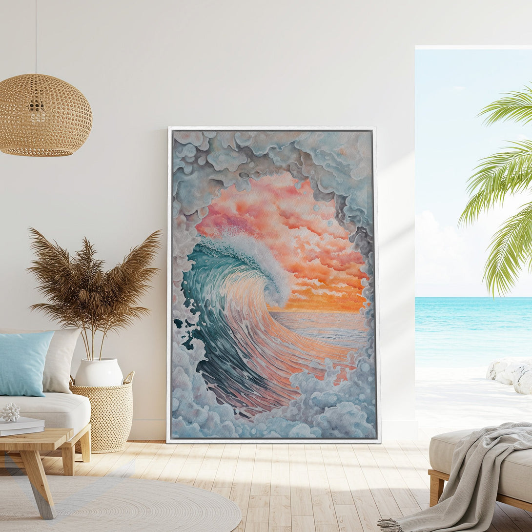 Framed Wall Art: Watercolor wave art in a coastal home. Features a vibrant blue, orange, and teal color palette. Perfect beach house decor.