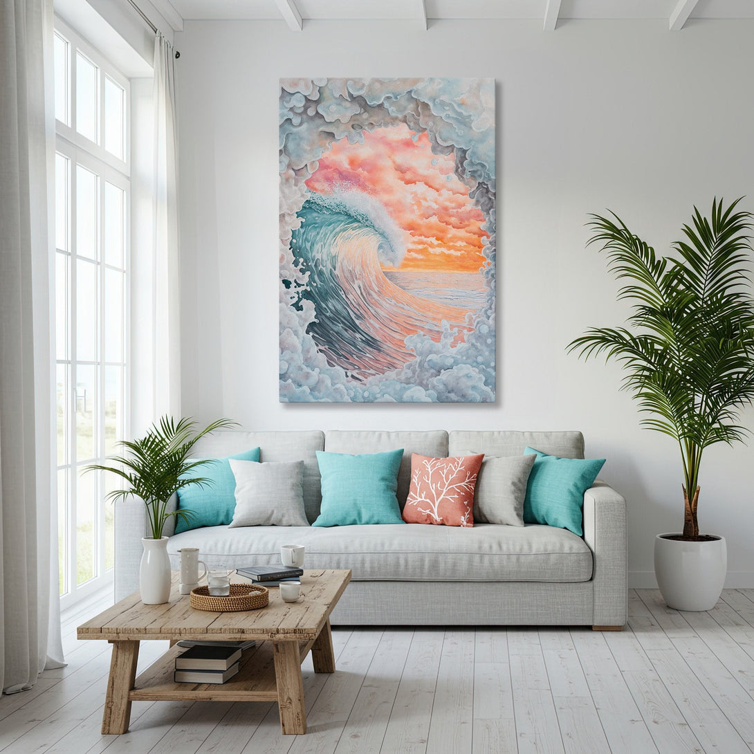 Framed Wall Art featuring a watercolor wave in teal, peach, and orange. Coastal style canvas print adds a serene touch to any interior.