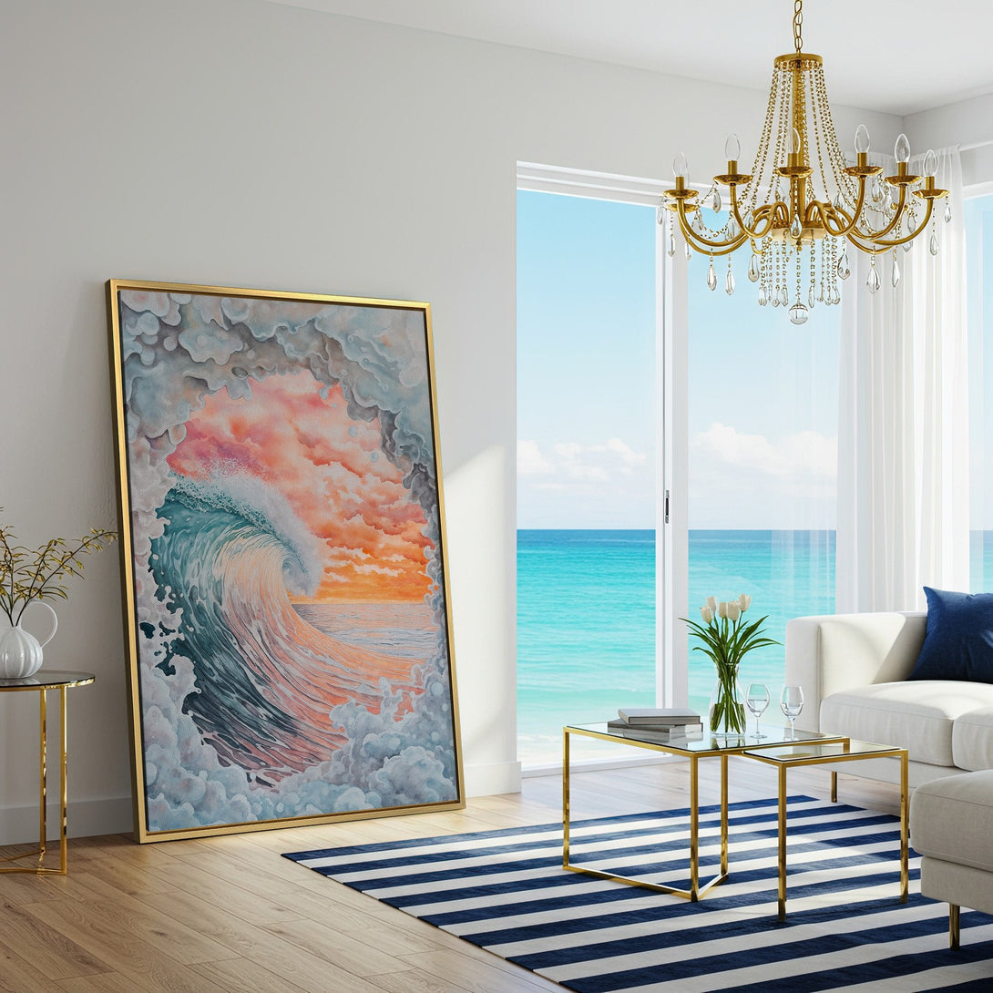 Canvas Print of a watercolor wave painting in a coastal-inspired living room. Features a blue, orange, and gray color palette. Perfect ocean wall art!