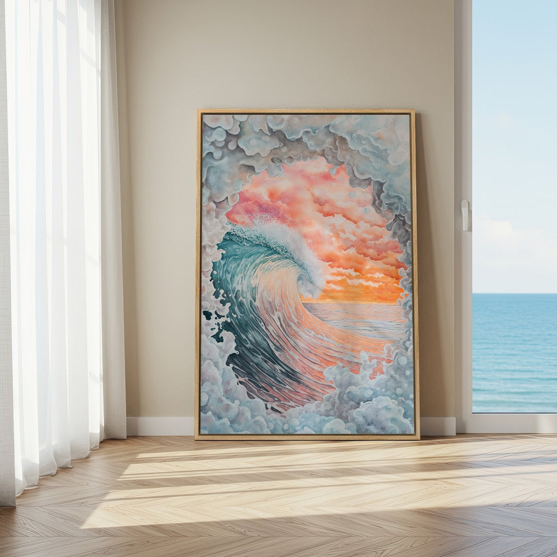 Framed Wall Art featuring a watercolor wave painting in a coastal interior. Vibrant blues, oranges, and pinks bring a serene, artistic touch to any space.