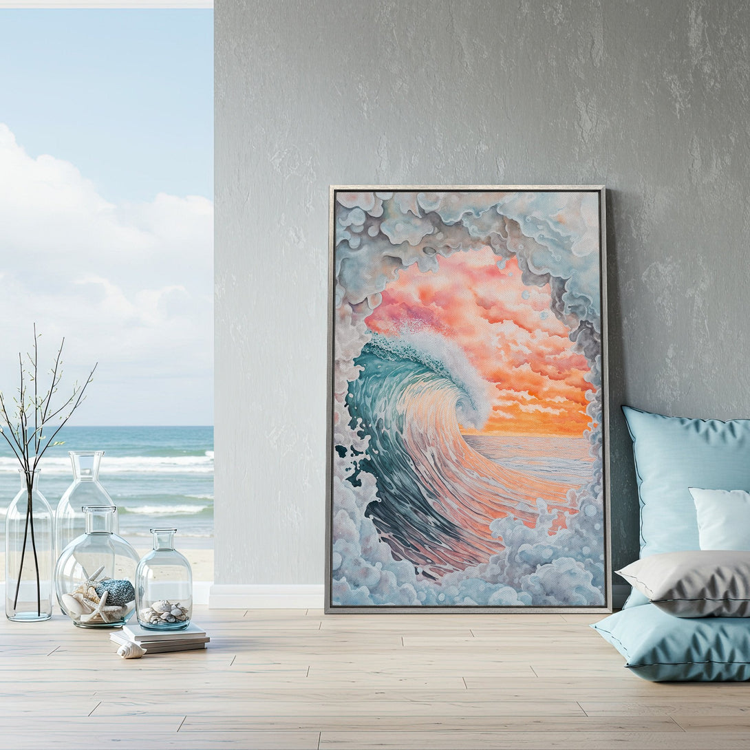 Framed Wall Art: Watercolor wave art in teal, orange, and gray. Coastal style Canvas Print adds a serene touch to any interior space.