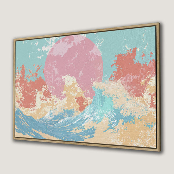 Canvas Print featuring an abstract ocean scene with a pink sun, in a pastel color palette. Perfect wall art for your home!