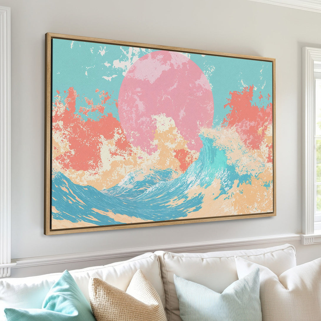 Framed Wall Art: Abstract sunset over ocean waves in pastel pink, teal, and coral. Modern canvas print for a stylish living room.