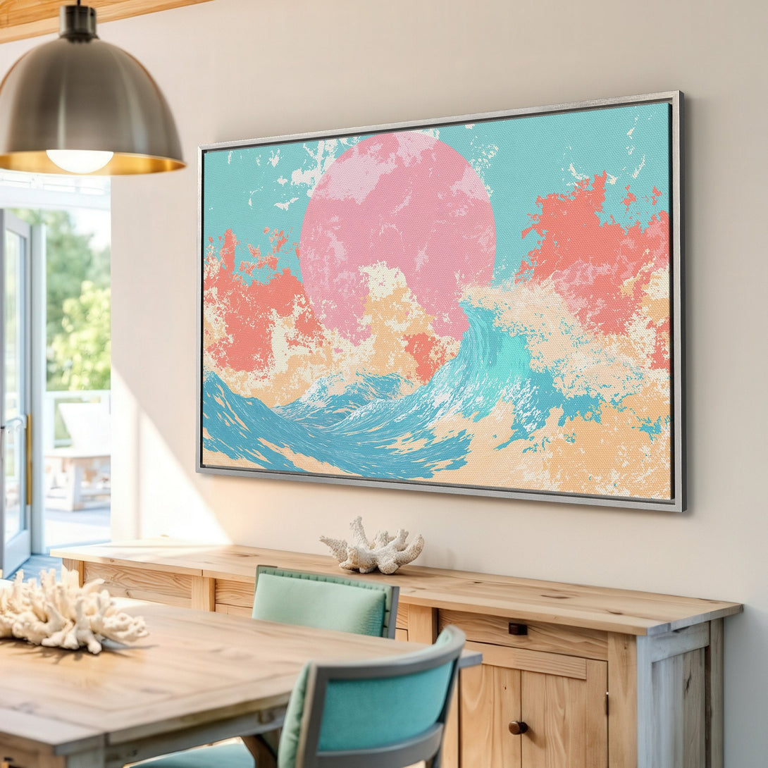 Framed Wall Art: Abstract ocean scene Canvas Print with a pink sun, turquoise and coral hues. Modern art for coastal decor.