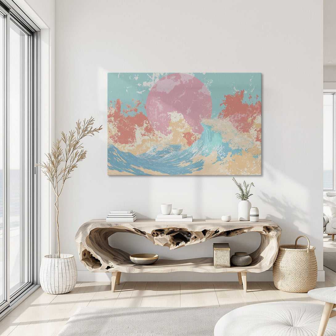 Framed Wall Art featuring an abstract ocean scene in a pastel color palette. Perfect for adding a touch of coastal style to any interior.