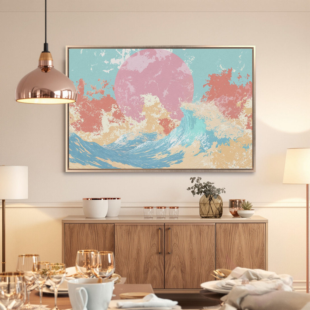 Framed Wall Art: Abstract sunset canvas print in pastel pink, blue, and peach tones. Modern art perfect for adding a pop of color to your home.
