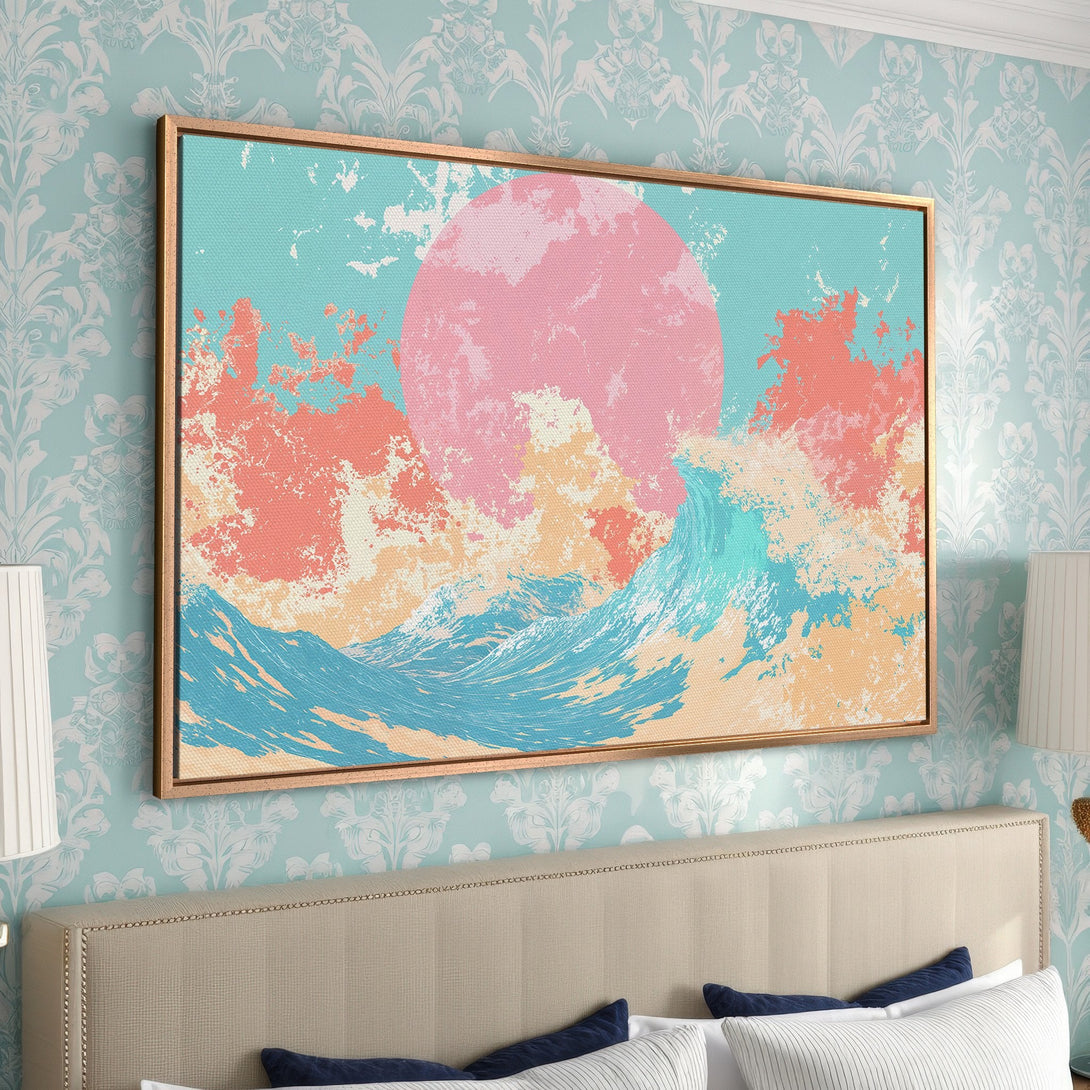 Framed Wall Art featuring a vibrant abstract ocean scene in a pastel color palette. Perfect for adding a pop of color to your bedroom decor!