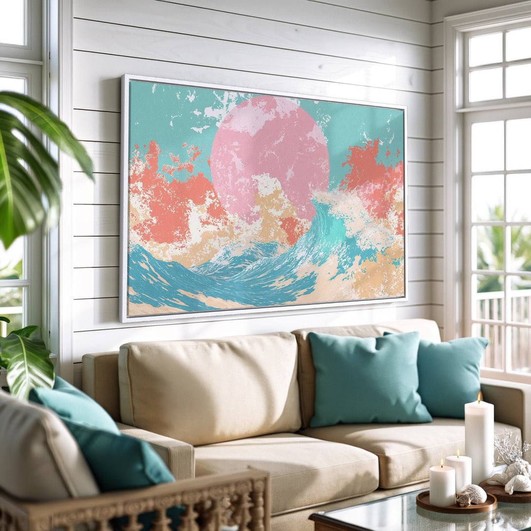 Framed Wall Art featuring abstract sunset over ocean waves in pastel colors. Coastal style canvas print adds a pop of color to any interior.