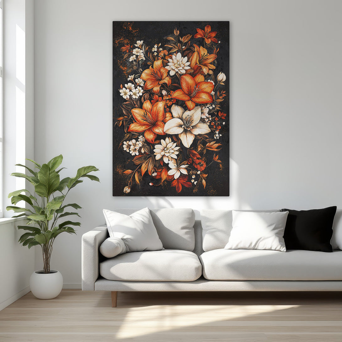 Framed Wall Art: Elegant floral canvas print with orange, white, and black color palette. Perfect for adding a touch of luxury to any bedroom or living space.