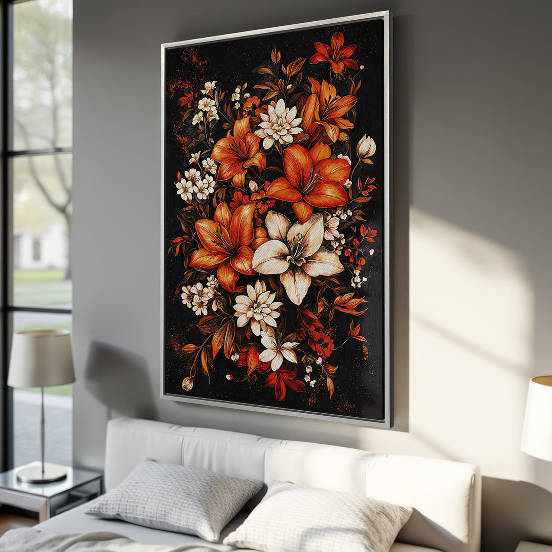 Framed Wall Art: Floral Canvas Print with orange and white lilies on a black background. Perfect for bedroom decor, adding a touch of elegance.