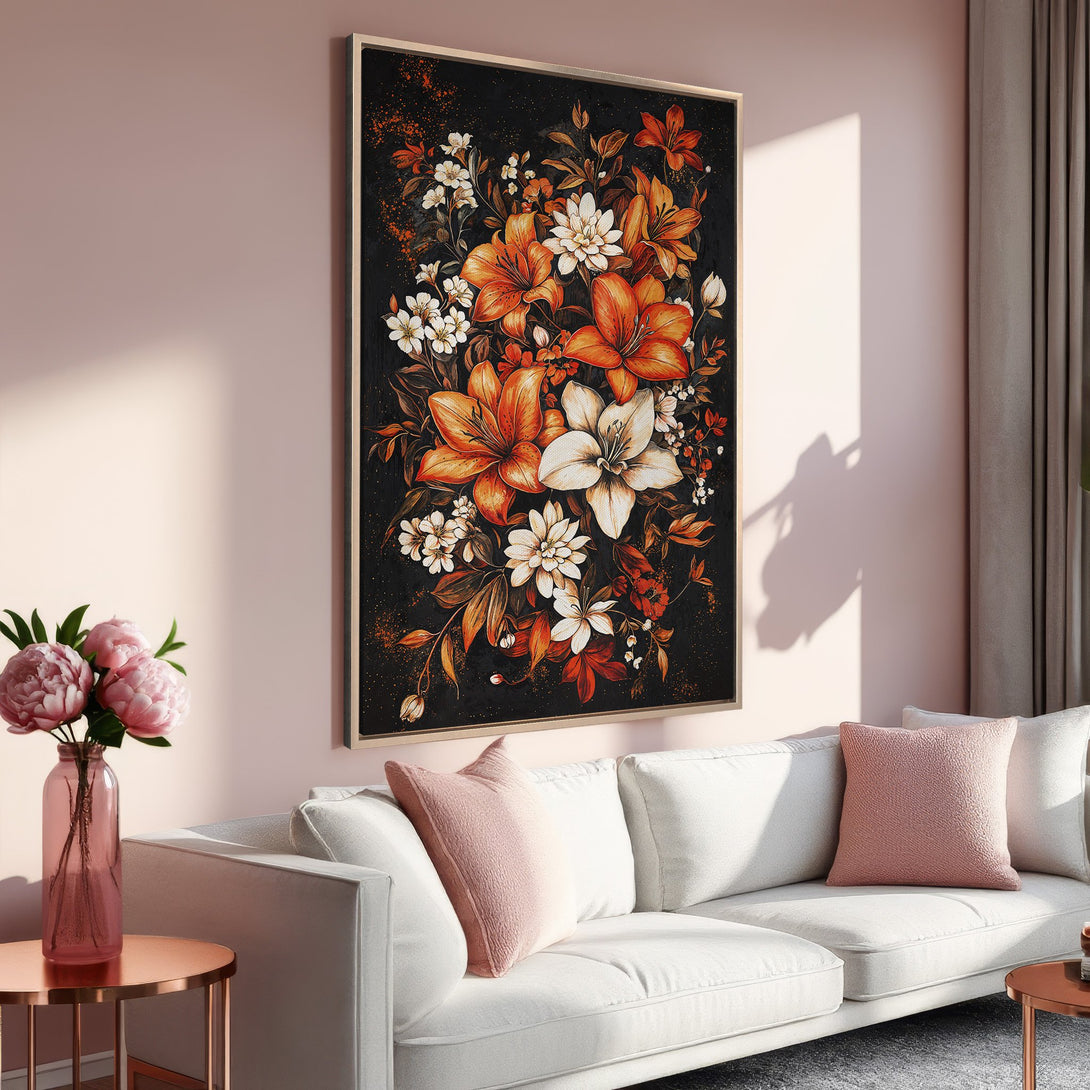 Framed Wall Art: Stunning floral canvas print with orange, white, and black tones. Perfect for adding elegance and warmth to any living room. Shop now!