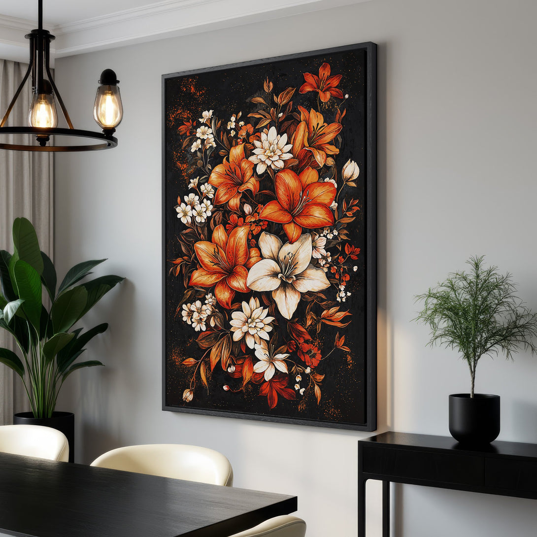 Framed Wall Art featuring a vibrant floral arrangement in orange, white, and brown hues against a black background. Modern style canvas print.