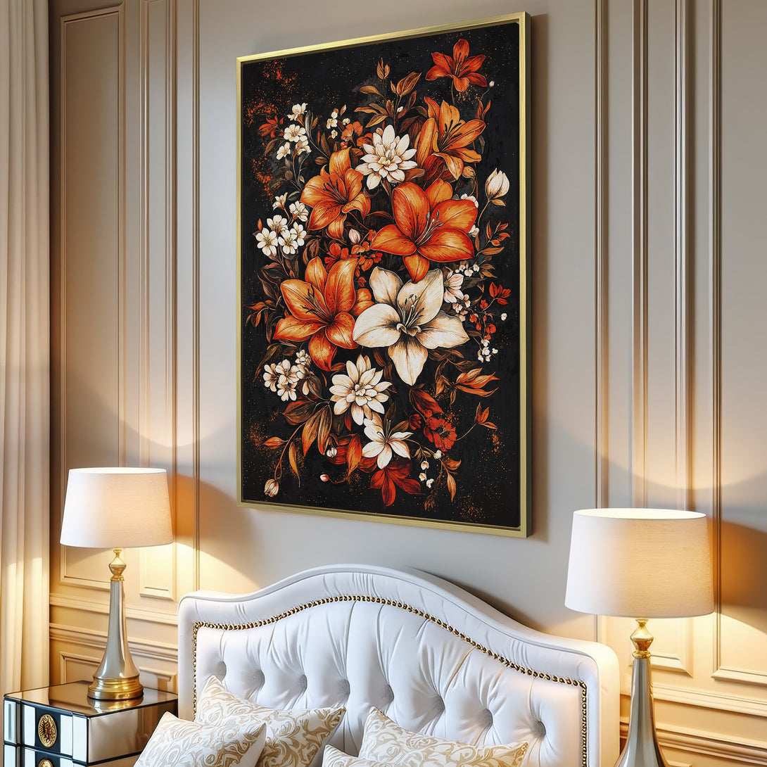 Canvas Print of vibrant floral art with orange, white, and black color palette, displayed in a modern interior setting.