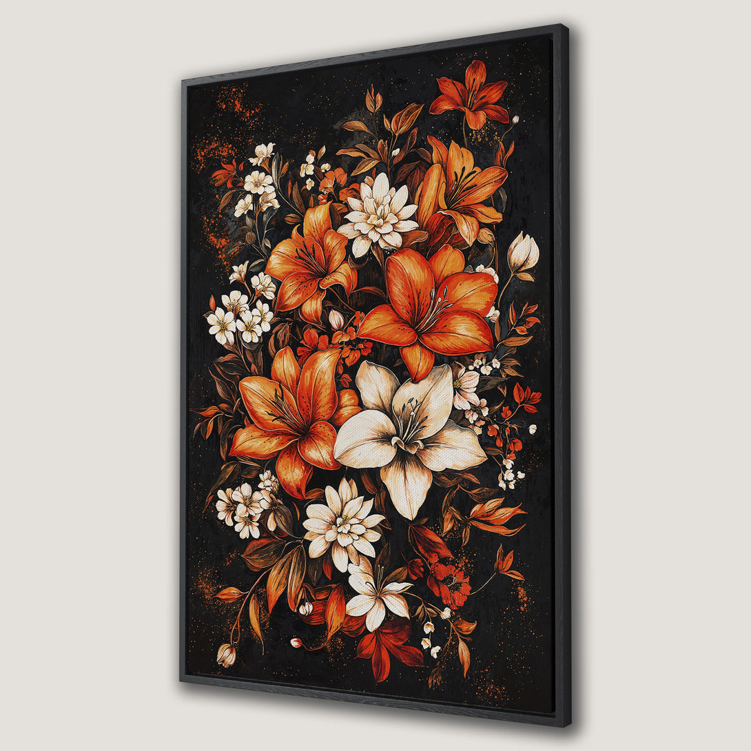 Framed Wall Art featuring a vibrant floral arrangement in orange, white, and black. Modern botanical art perfect for adding warmth and style to any space.
