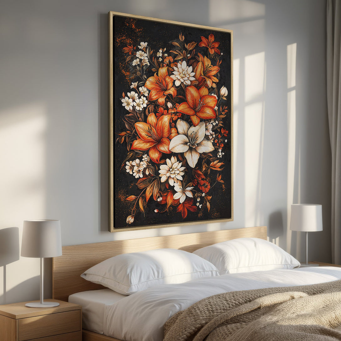 Framed Wall Art featuring a floral bouquet in warm orange and white hues against a dark background. Modern style canvas print perfect for bedroom decor.