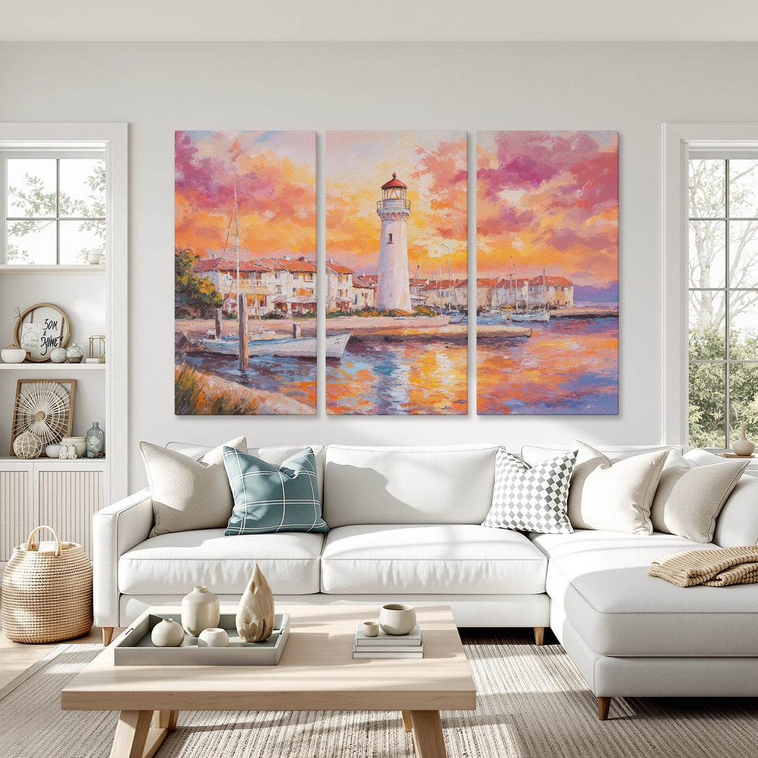 Canvas Print of a lighthouse scene in a warm, impressionistic style. Features a vibrant sunset color palette of orange, pink, and blue.