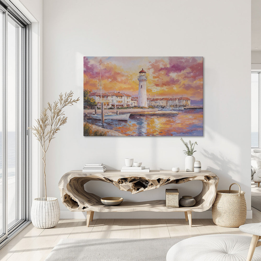 Framed Wall Art: Coastal lighthouse painting in warm sunset colors. Perfect for adding a touch of art to your home decor.