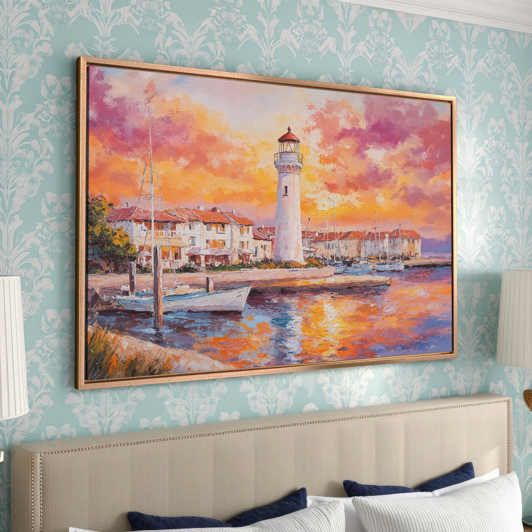 Framed Wall Art: Coastal lighthouse painting in warm sunset hues. Impressionistic style with orange, pink, and blue color palette. Perfect for bedroom decor.