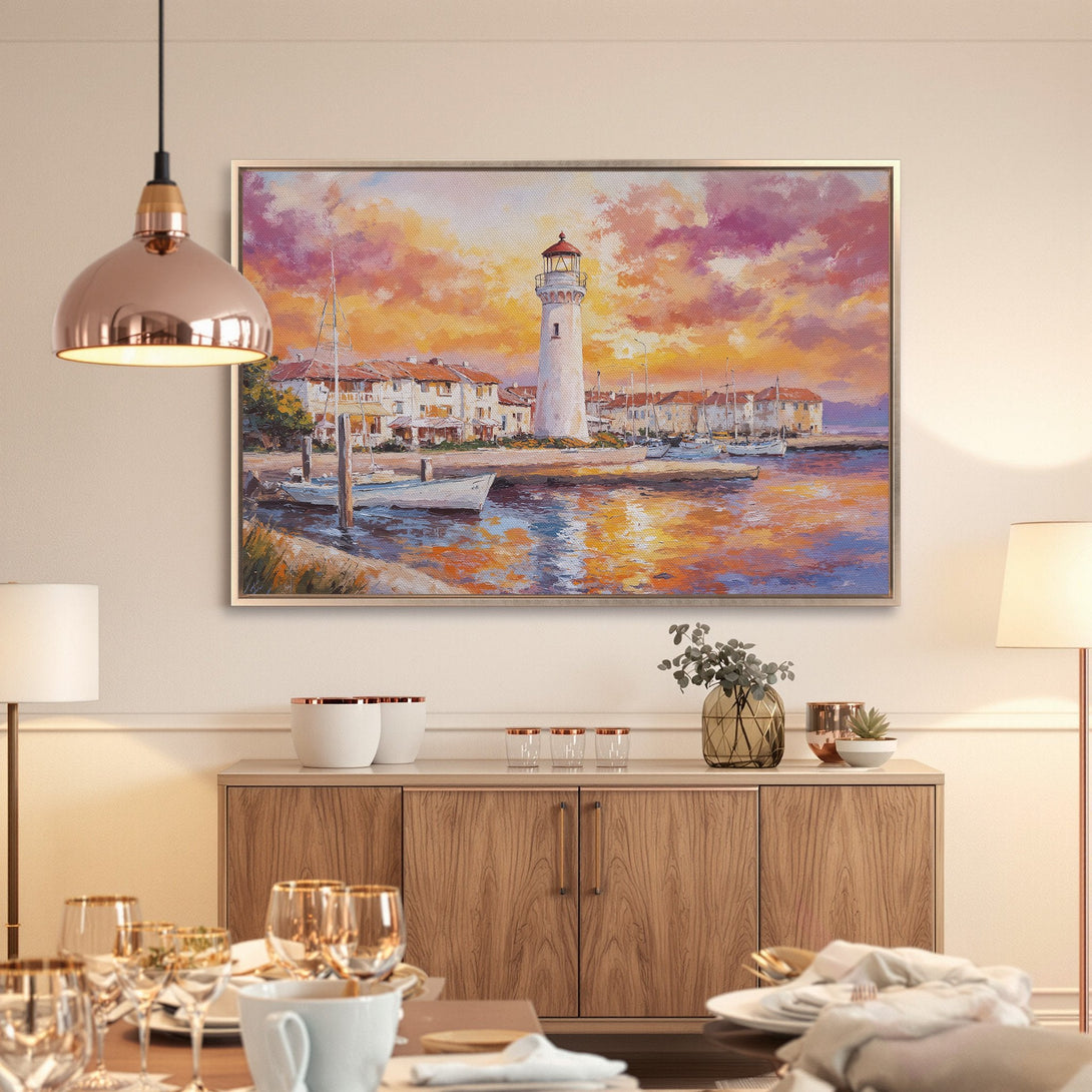 Framed Wall Art: Coastal lighthouse painting in warm sunset colors. Enhance your space with this beautiful, impressionistic canvas print.