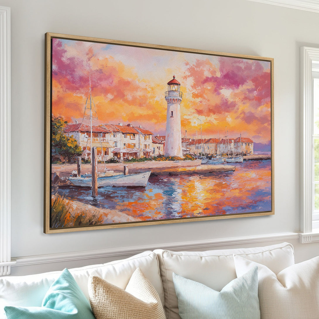 Framed Wall Art: Coastal lighthouse painting with warm sunset hues. Impressionistic style Canvas Print with orange, pink, and blue color palette. Perfect wall decor.