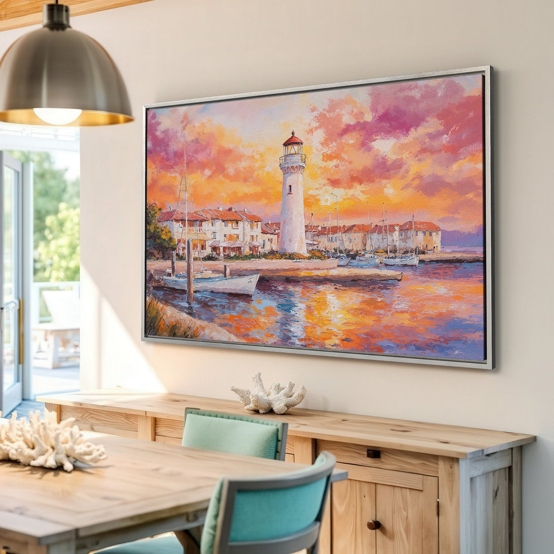 Framed Wall Art: Lighthouse coastal painting with warm sunset colors. Add a touch of art to your home decor with this stunning canvas print.