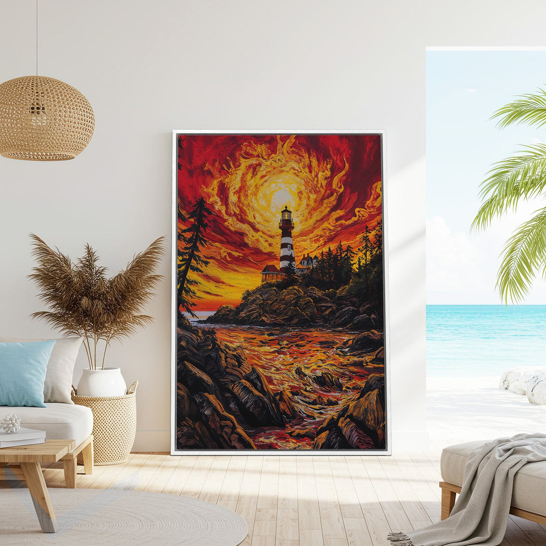 Framed Wall Art: Lighthouse painting with fiery sunset. Dramatic coastal art in warm red, orange, and yellow tones. Perfect for adding a bold statement.
