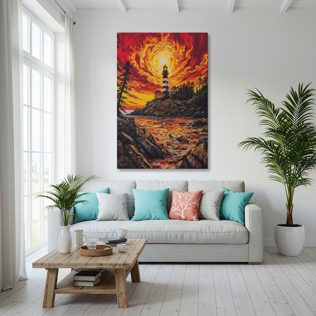 Framed Wall Art: Lighthouse painting with fiery sunset, displayed in a bright living room. Vibrant red, orange, and yellow palette, coastal art style.