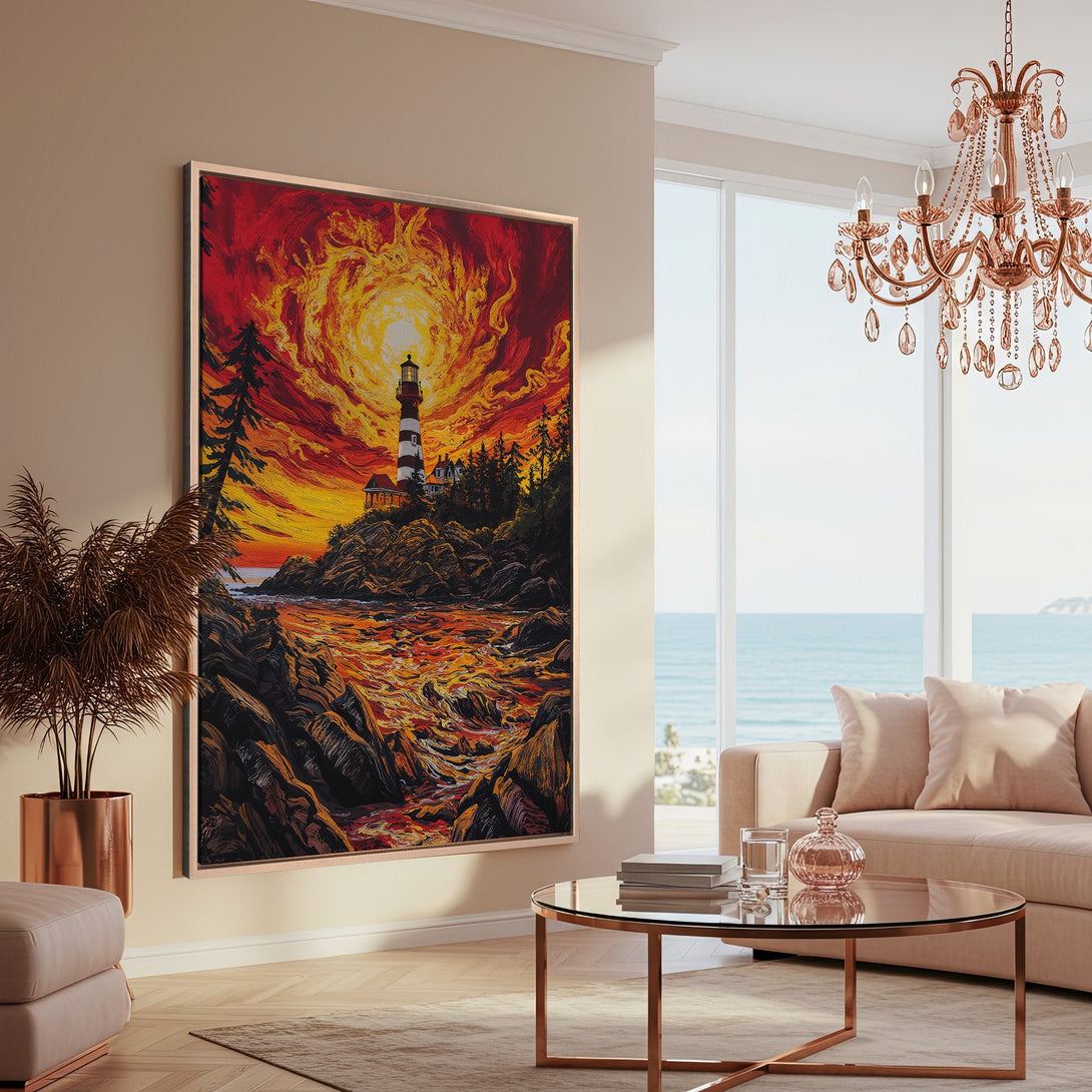 Framed Wall Art featuring a lighthouse landscape in vibrant red and yellow hues. Perfect for coastal decor! Add a touch of art to your home.