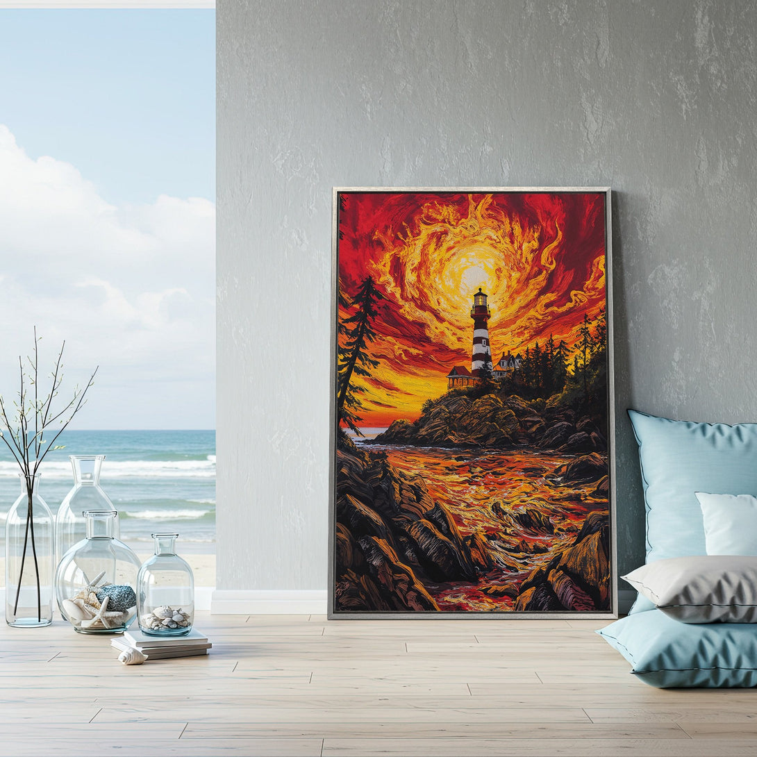 Framed Wall Art: Lighthouse painting with vibrant red/orange sunset. Coastal artwork in a modern interior setting. Enhance your home decor with this stunning piece.