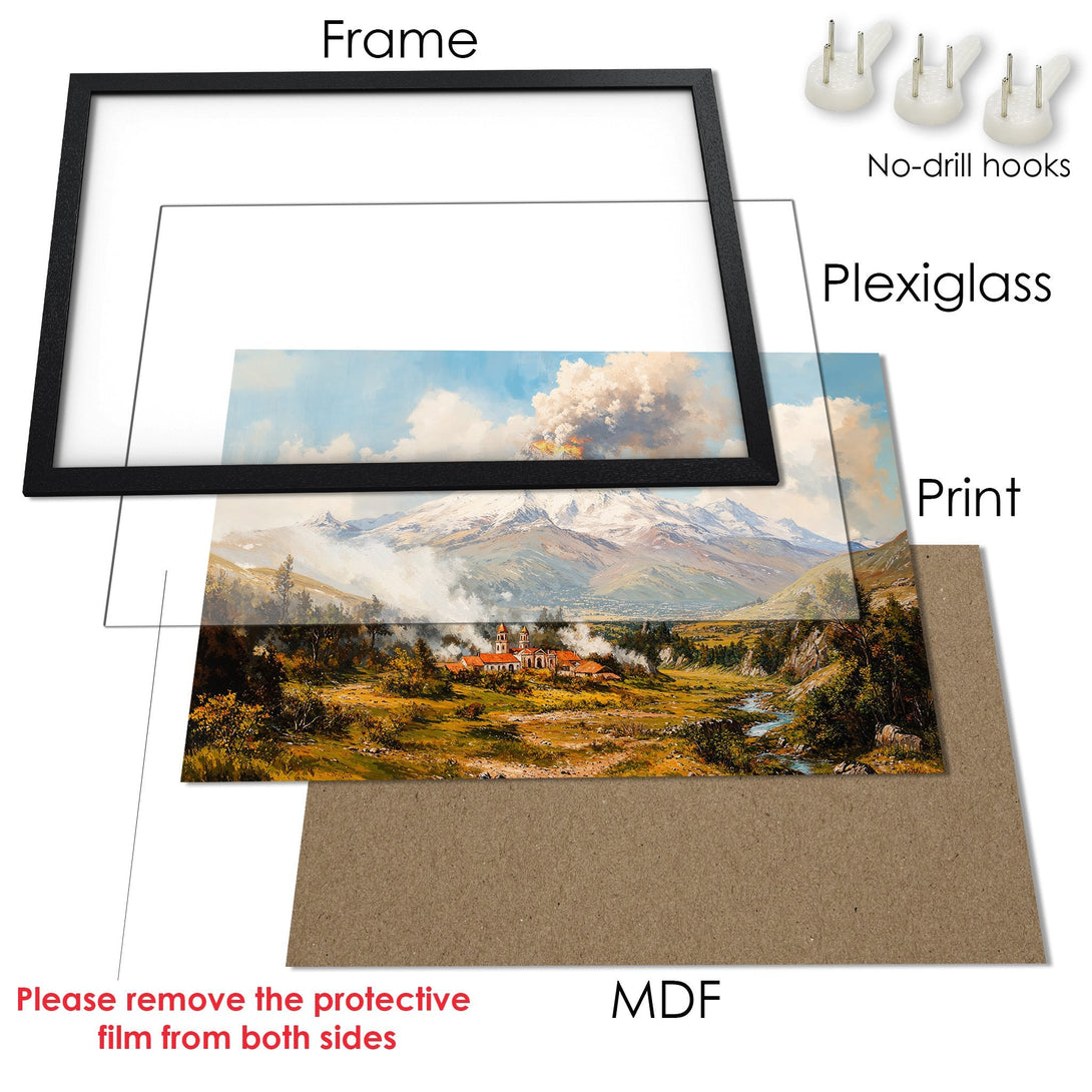 Framed Poster of a mountain landscape in a classic painting style with a warm, earthy color palette. Perfect wall art!