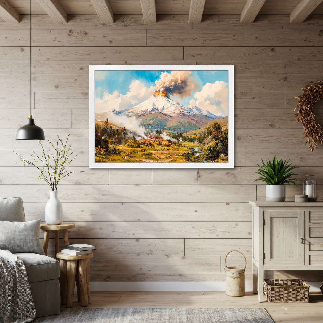 Framed Poster featuring a vibrant landscape painting of a volcano. Warm color palette and impressionistic style, perfect wall art.