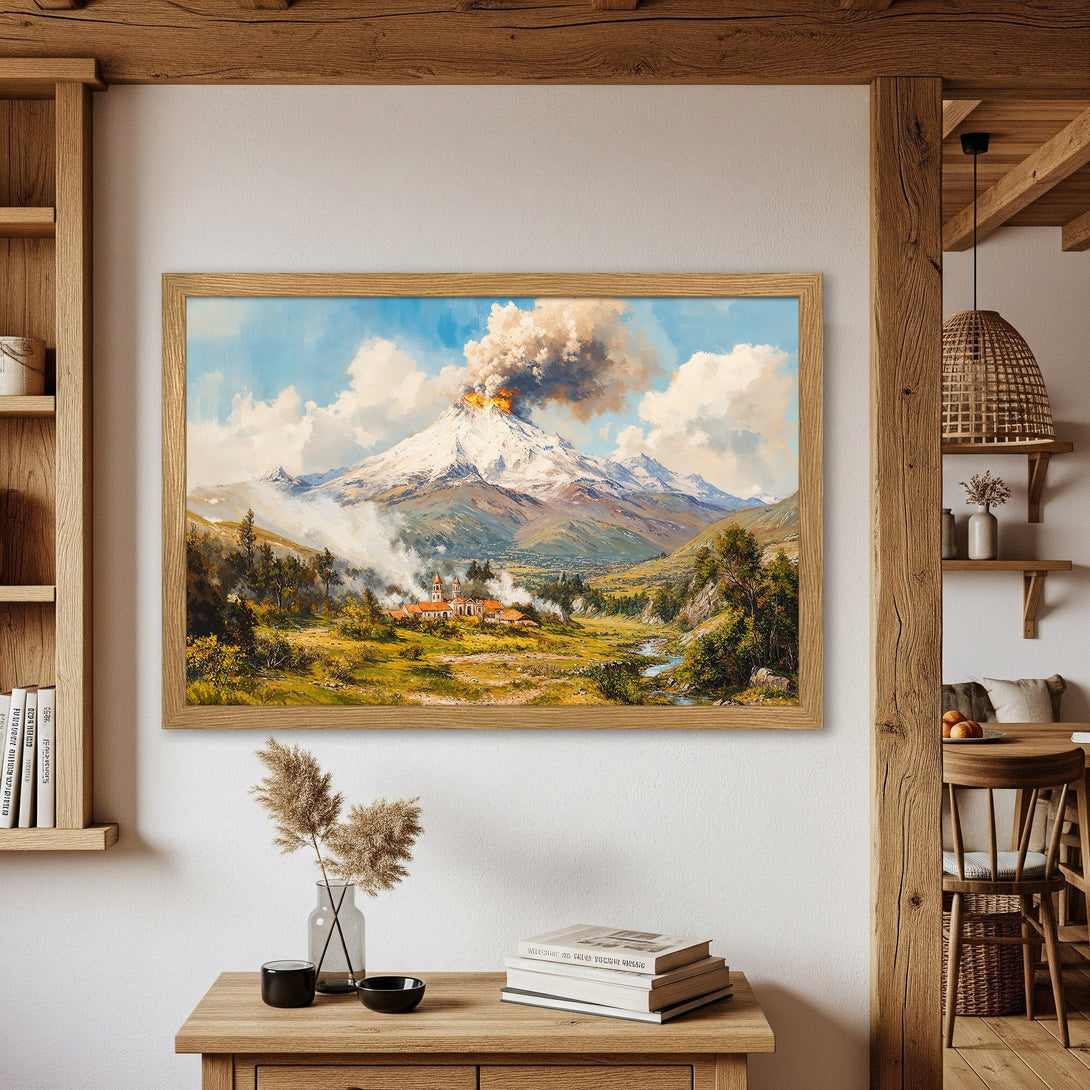 Framed Poster of a volcano landscape in a classic style, featuring a warm color palette. Add art to your home!
