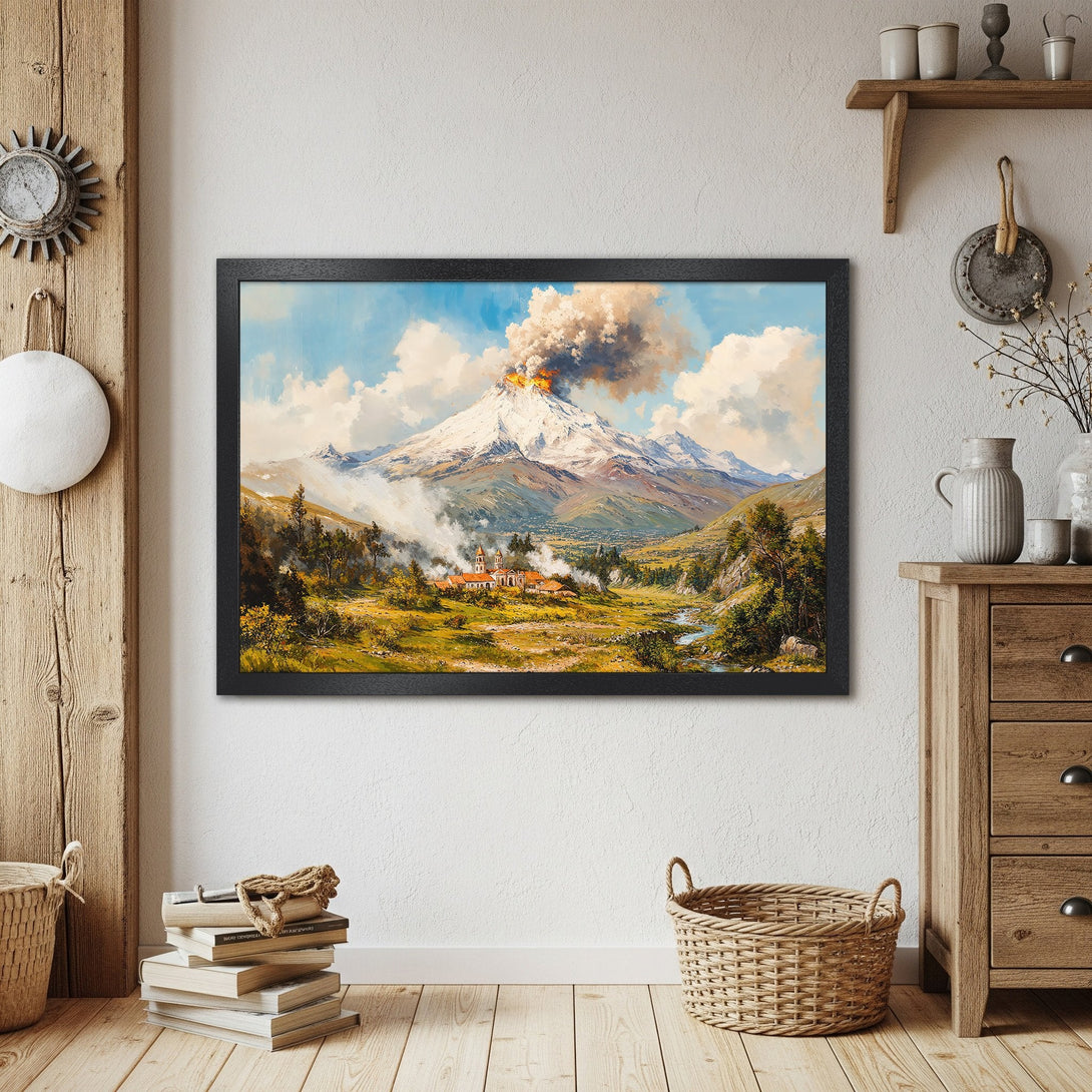 Framed Poster of a volcano landscape painting in a classic style, featuring a warm, earthy color palette.