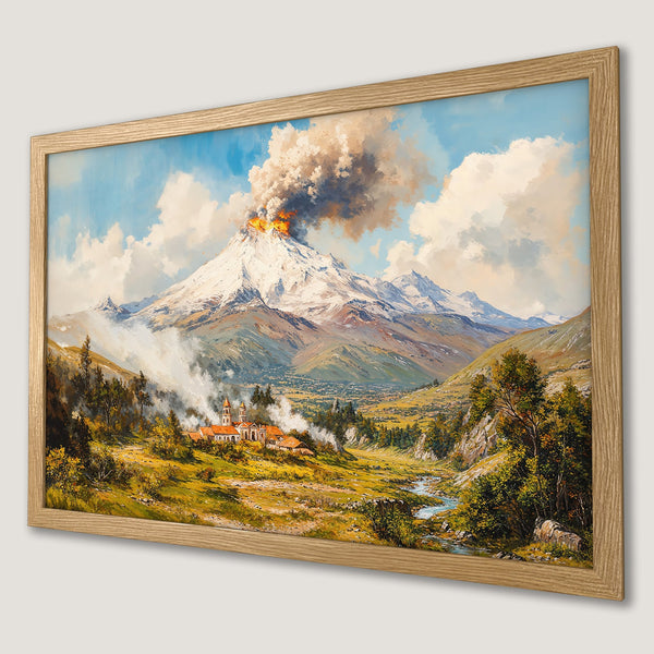 Framed Poster of a volcanic mountain landscape in a classic style, featuring a warm, earthy color palette. Perfect wall art!